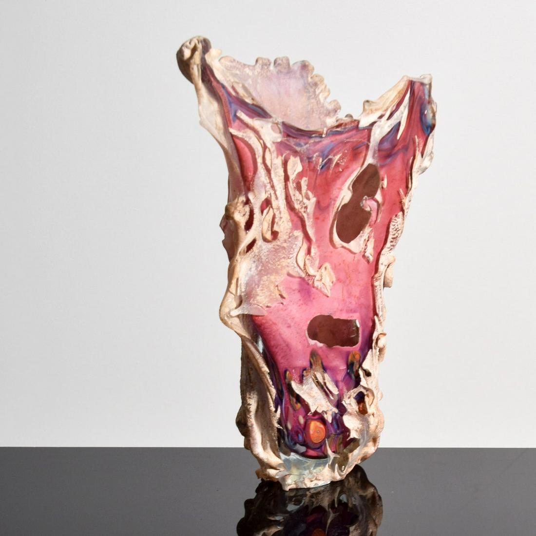 Jon Kuhn CTVF 277 Art Glass Vase / Vessel: Artist/Designer; Manufacturer: Jon Kuhn (b. 1949) Marking(s); notes: signed, marking(s); 1982 Country of origin; materials: American; chemically treated glass Dimensions (H, W, D): 16.5"h, 11"w, 3"d A