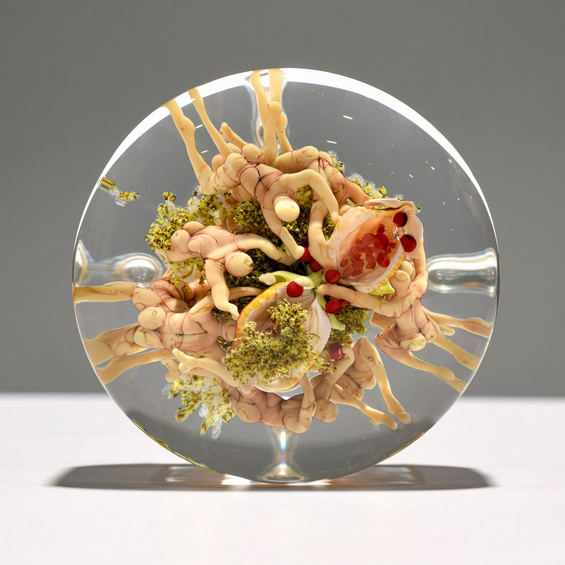 Paul J. Stankard Experimental Root People Paperweight: Artist/Designer; Manufacturer: Paul J. Stankard (b. 1943) Marking(s); notes: signed, marking(s); 2011 Country of origin; materials: American; lampwork glass, polished clear glass Dimensions (H, W, D):