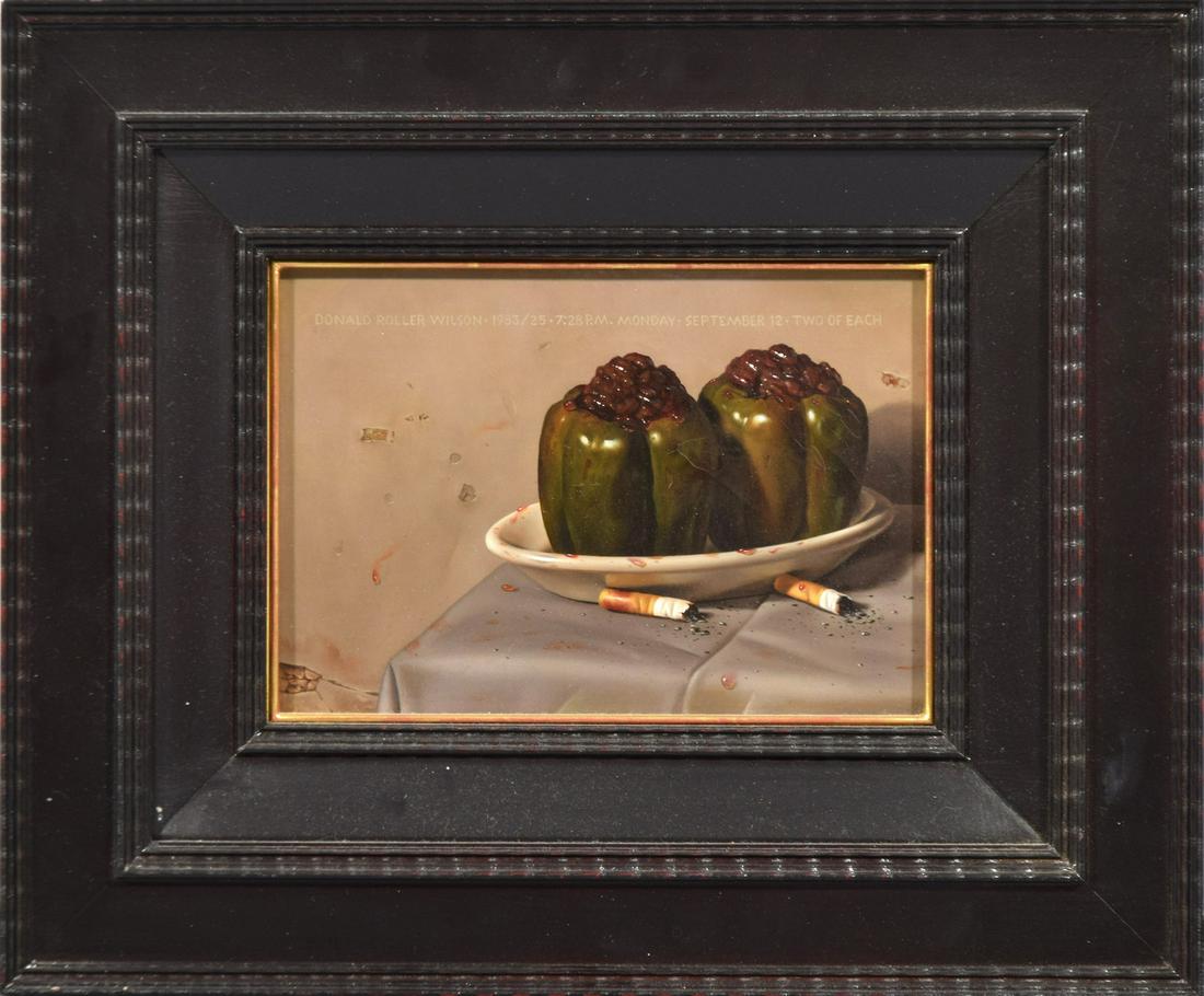 Donald Roller Wilson Still Life Painting: Artist/Designer; Manufacturer: Donald Roller Wilson (b. 1938) Marking(s); notes: signed; 1983 Country of origin; materials: American; oil on canvas Dimensions (H, W, D): 6.25"h, 9.25"w; 14"h, 17"w fra