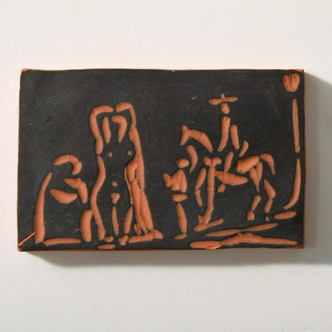 Pablo Picasso PERSONNAGES… Plaque, Madoura (A.R. 540): Artist/Designer; Manufacturer: Pablo Picasso (Spanish, 1881-1973); Madoura Marking(s); notes: Madoura Plein Feu imprint, Empreinte Originale de Picasso imprint; ed. 64/500; 1968 Country of origin; mat