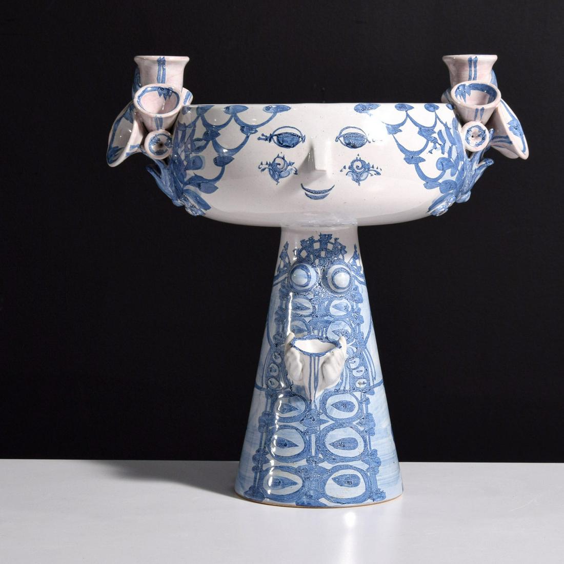 Large Bjorn Wiinblad EVA Centerpiece Tazza / Sculpture: Artist/Designer; Manufacturer: Bjorn Wiinblad (1918-2006) Marking(s); notes: signed, marking(s) Country of origin; materials: Danish; hand-painted and glazed stoneware Dimensions (H, W, D): 13.5"h,