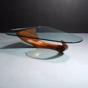 Michael Coffey DOLPHIN Coffee Table: Artist/Designer; Manufacturer: Michael Coffey Marking(s); notes: signed Country of origin; materials: USA; African Mozambique wood, glass, Plexiglas Dimensions (H, W, D): base:16"h, 41"w, 25.5"d; glas