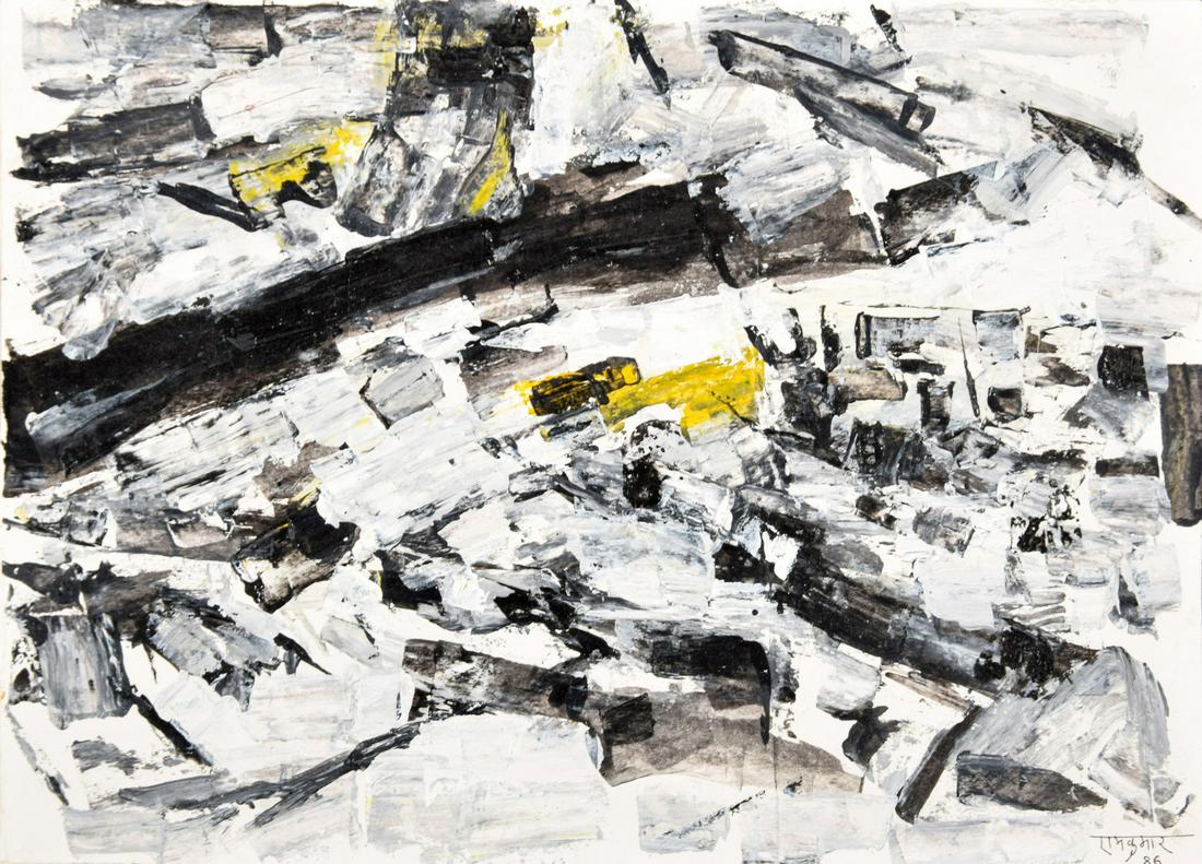 Ram Kumar Abstract Painting, Work on Paper: Artist/Designer; Manufacturer: Ram Kumar (1924-2018) Marking(s); notes: signed; 1986 Country of origin; materials: Indian; acrylic on paper affixed to sturdy paper backing Dimensions (H, W, D): 11"h,