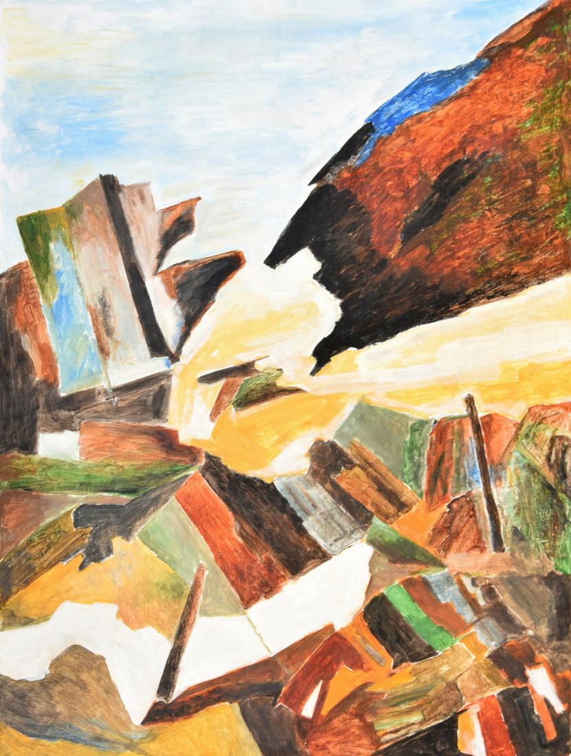 Ram Kumar Landscape Painting, Work on Paper: Artist/Designer; Manufacturer: Ram Kumar (1924-2018) Marking(s); notes: signed; 1991 Country of origin; materials: Indian; acrylic on paper Dimensions (H, W, D): 22"h, 27.75"w (work is not framed) Add