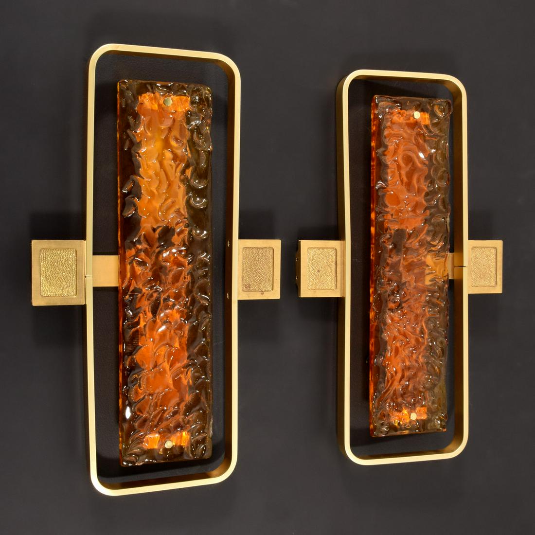 Pair of Large Angelo Brotto Sconces: Artist/Designer; Manufacturer: Angelo Brotto; Esperia Marking(s); notes: no marking(s) apparent Country of origin; materials: Italy; brass, glass Dimensions (H, W, D): 27.75"h, 16"w, 3.5"d Additional