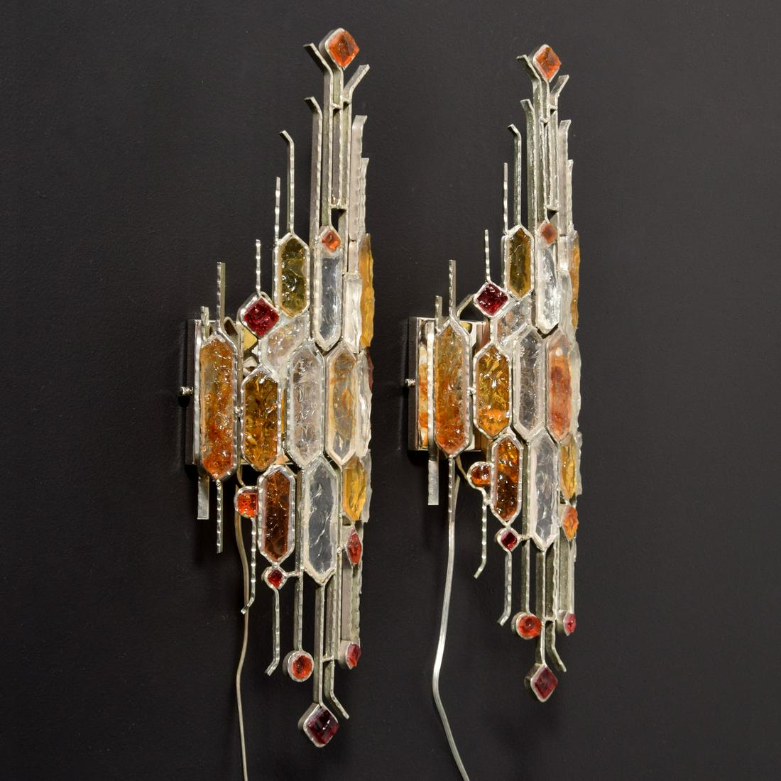 Pair of Sconces, Manner of Poliarte: Artist/Designer; Manufacturer: Poliarte, manner of Marking(s); notes: no marking(s) apparent Country of origin; materials: country of origin unknown; glass, chromed metal Dimensions (H, W, D): 24.5"h,
