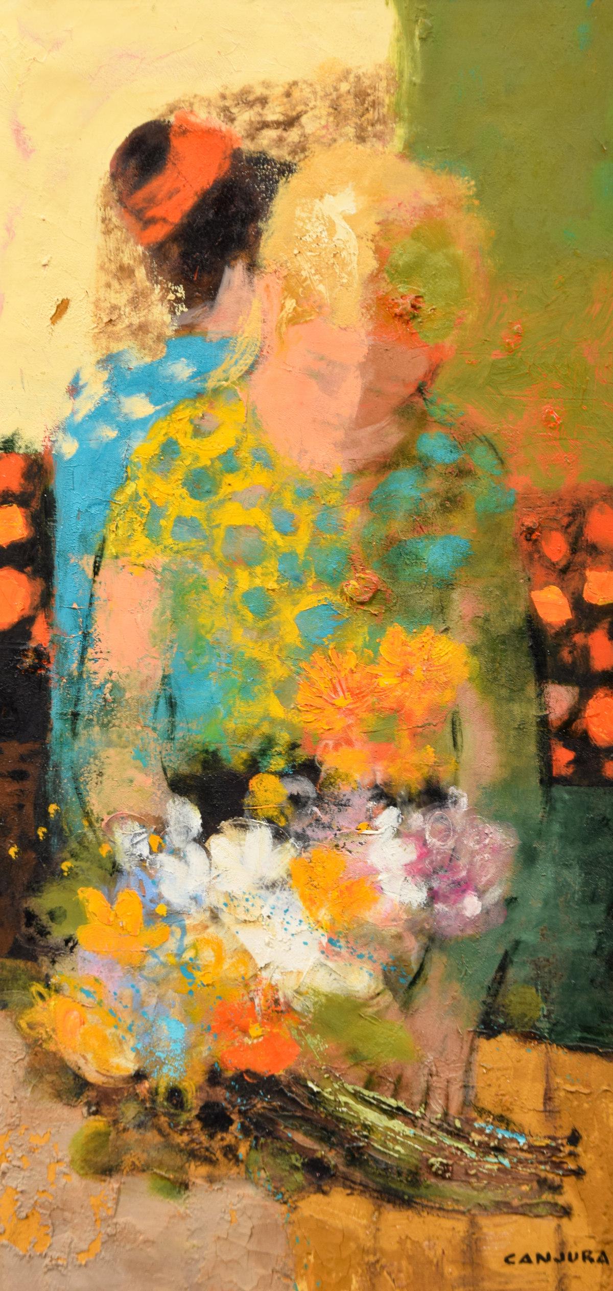 Noe Canjura Painting, Floral Bouquet & Figures: Artist/Designer; Manufacturer: Noe Canjura (1922-1970) Marking(s); notes: signed, marking(s) Country of origin; materials: Salvadoran; oil on canvas Dimensions (H, W, D): 31"h, 15.25"w; 40"h, 24.25"w 
