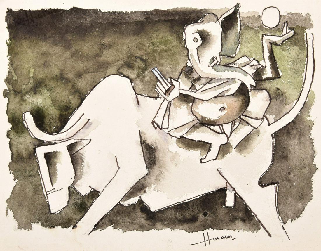 M.F. Husain Watercolor Painting: Artist/Designer; Manufacturer: Maqbool Fida Husain (1915-2011) Marking(s); notes: signed; 1995 Country of origin; materials: Indian; watercolor on paper Dimensions (H, W, D): 11.5"h, 15"w (work is not