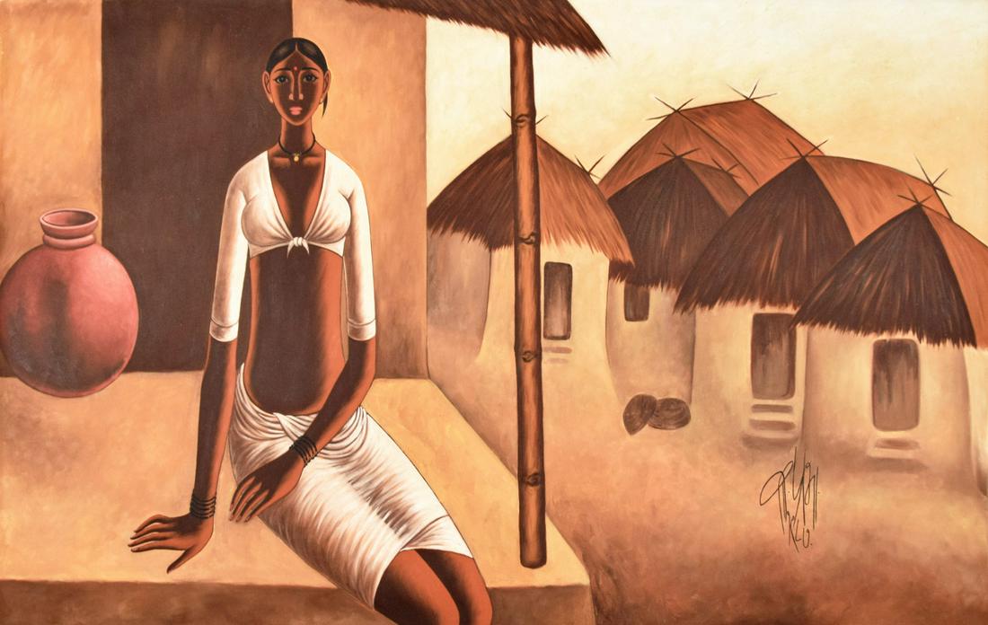 B. Prabha Painting, Female Figure, 48"W: Artist/Designer; Manufacturer: B. Prabha (1933-2001) Marking(s); notes: signed; 1987 Country of origin; materials: Indian; oil on canvas Dimensions (H, W, D): 30"h, 48.5"w art; 33.5"h, 52.75"w canvas