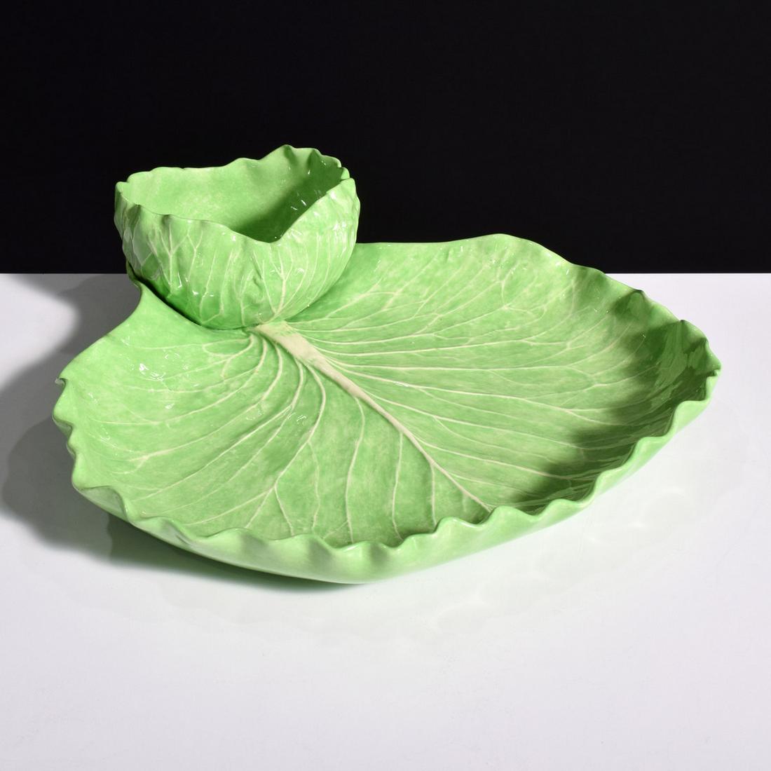 Vintage Dodie Thayer Lettuce Ware Tray with Attached Bowl: Artist/Designer; Manufacturer: Dodie Thayer (20th Century) Marking(s); notes: signed, marking(s) Country of origin; materials: American; ceramic Dimensions (H, W, D): 3.25"h, 13"w, 12"d Additional Inf