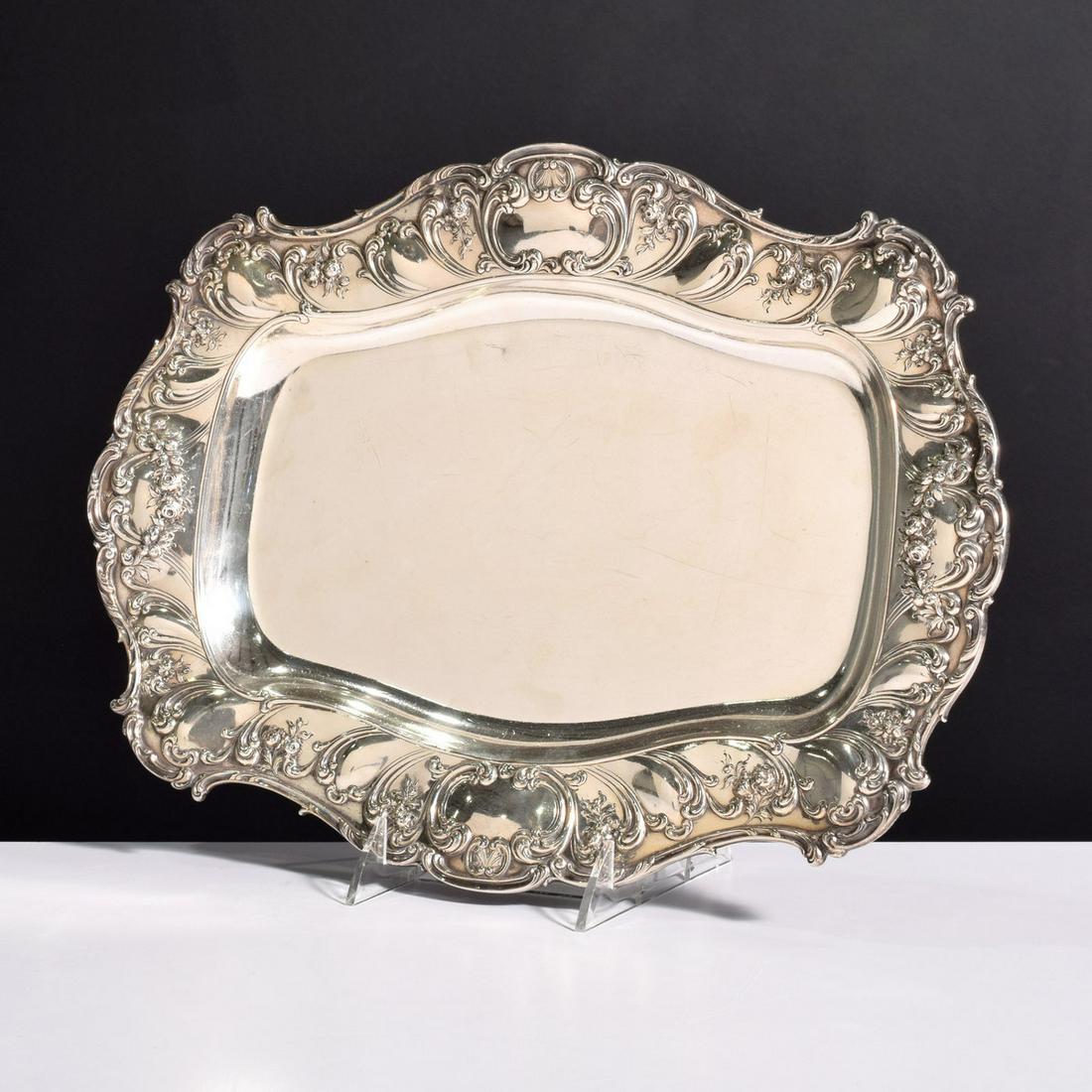 Gorham Sterling Silver Tray: Artist/Designer; Manufacturer: Gorham Marking(s); notes: signed, sterling imprint, marking(s) Country of origin; materials: USA; sterling silver Dimensions (H, W, D): 1.25"h, 15"l, 11.25"w; 26.52 Troy