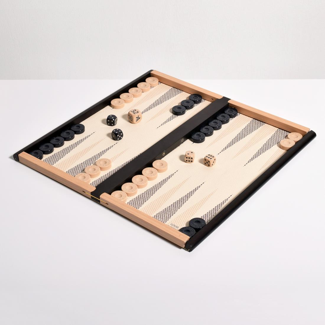 Louis Vuitton DAMIER AZUR / ARTICLES DE VOYAGE Backgammon Set: Artist/Designer; Manufacturer: Louis Vuitton Marking(s); notes: marking(s) Country of origin; materials: France; wood, leather, Damier canvas, metal, plastic Dimensions (H, W, D): 2"h, 15"w, 6.25"d Ad