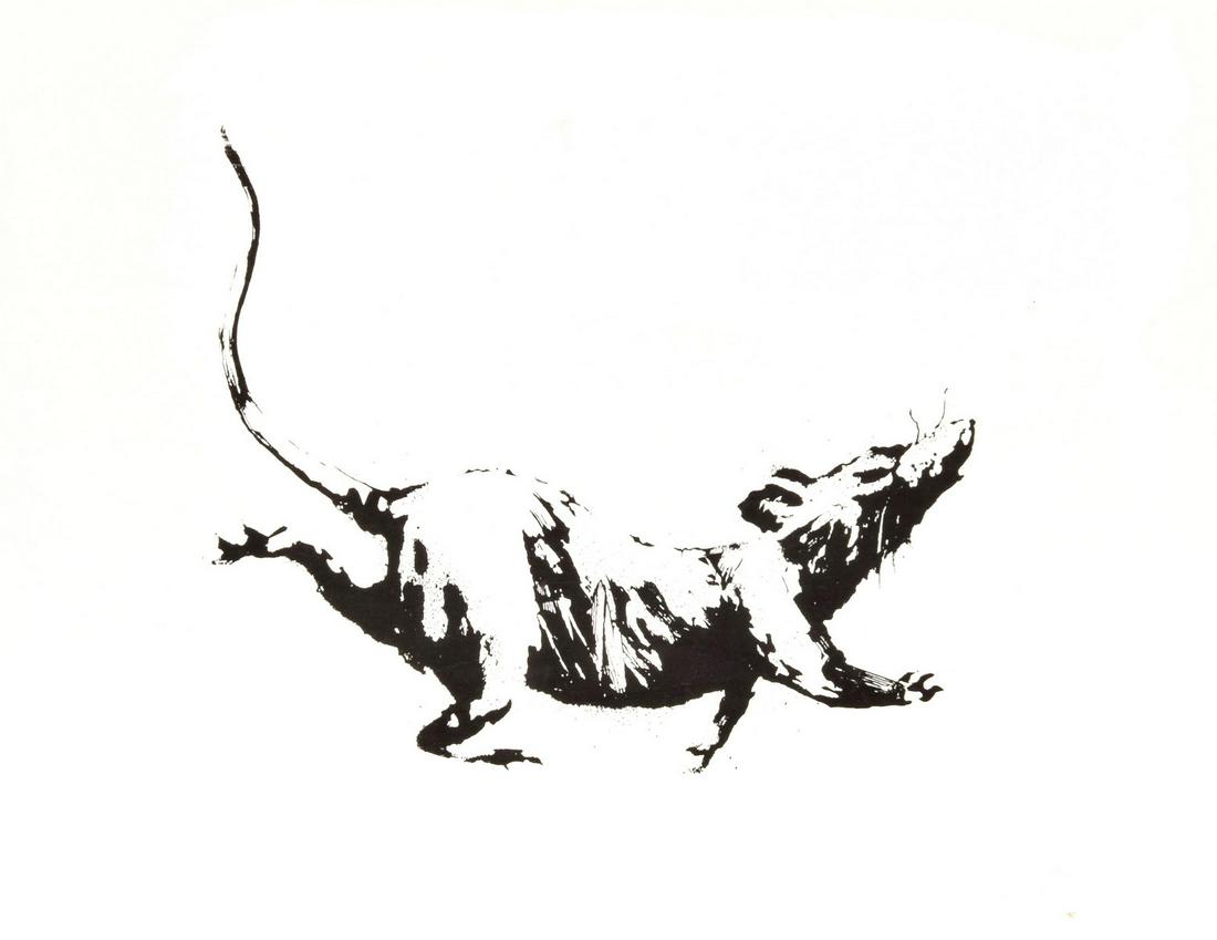 Banksy GDP RAT Screenprint: Artist/Designer; Manufacturer: Banksy (b. 1974) Marking(s); notes: no marking(s) apparent; 2019 Country of origin; materials: British; screenprint on 50gsm paper Dimensions (H, W, D): 15.25"h, 19.75"w