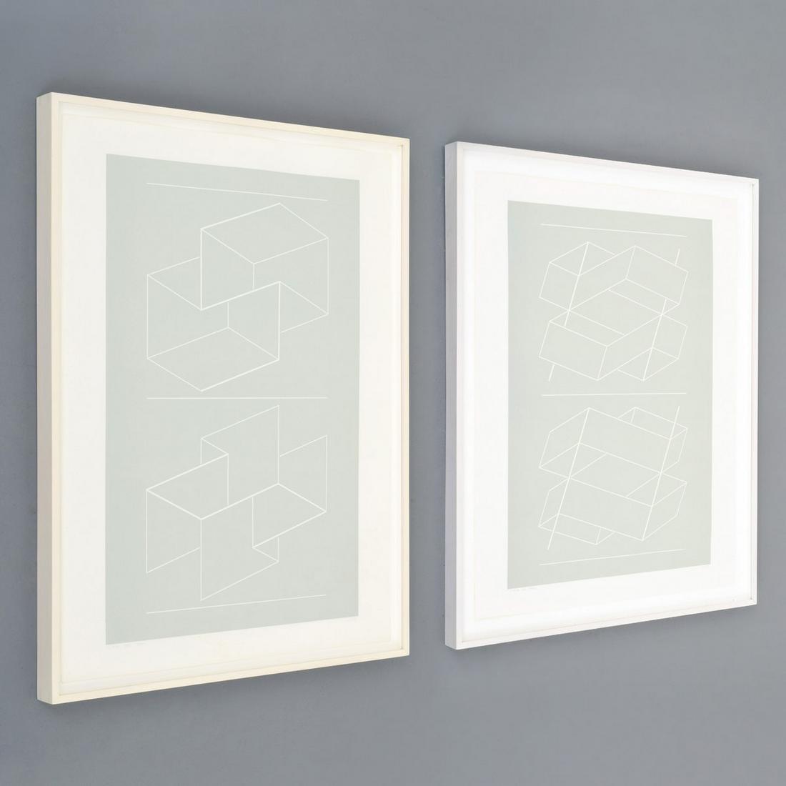 2 Joseph Albers WEG Line Cut Prints, Signed Editions: Artist/Designer; Manufacturer: Josef Albers (1888-1976) Marking(s); notes: signed; ed. 11/125 (consignor's records state 11; we believe this may be a very faint 4), 74/125; 1971 Country of origin; mat