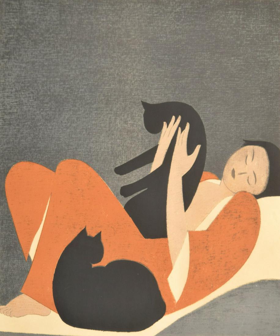 Will Barnet WOMAN & CATS Woodcut, Signed Edition: Artist/Designer; Manufacturer: Will Barnet (1911-2012) Marking(s); notes: signed; 1962 Country of origin; materials: American; woodcut Dimensions (H, W, D): 22.25"h, 23.5"w; 30.5"h, 31.75"w frame Addi