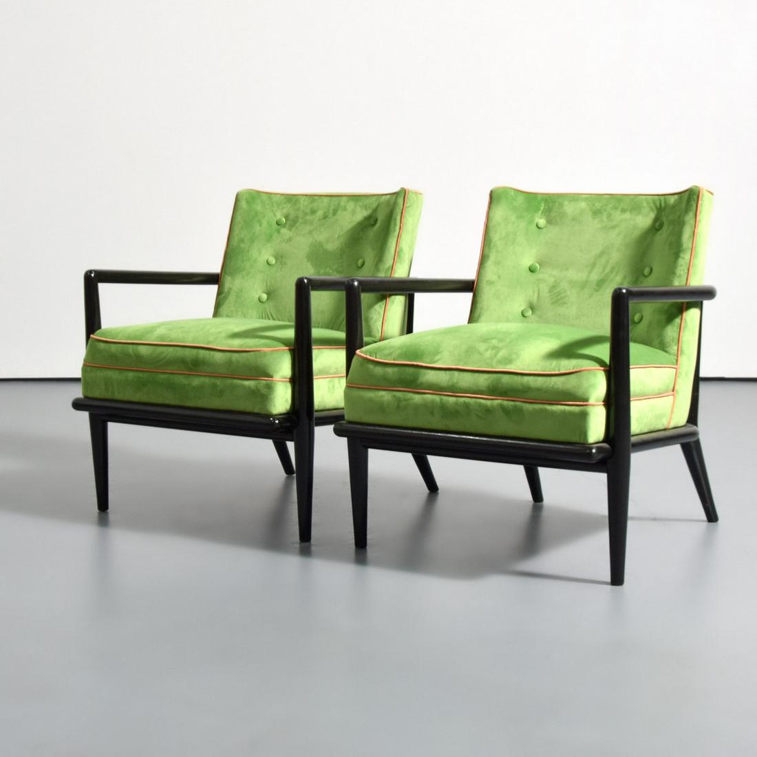 Pair of T.H. Robsjohn-Gibbings Lounge Chairs: Artist/Designer; Manufacturer: T.H. Robsjohn-Gibbings; Widdicomb Marking(s); notes: no marking(s) apparent Country of origin; materials: USA; wood, upholstery Dimensions (H, W, D): 28.5"h, 25"w, 30"d;