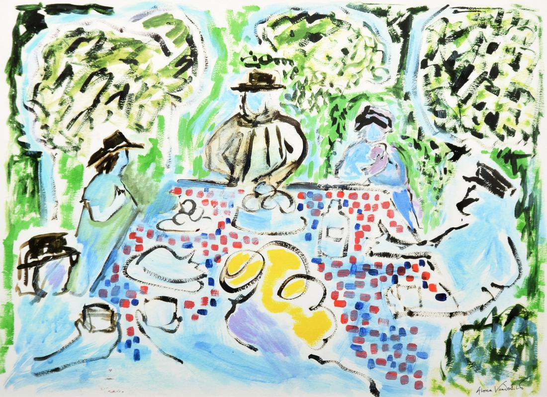 Gloria Vanderbilt Watercolor Painting, Picnic Scene: Artist/Designer; Manufacturer: Gloria Vanderbilt (1924-2019) Marking(s); notes: signed Country of origin; materials: American; watercolor on paper Dimensions (H, W, D): 22"h, 30"w; 31.5"h, 39.25"w fra