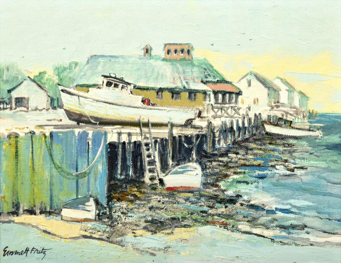 Emmett Fritz Painting, Harbor Scene: Artist/Designer; Manufacturer: Emmett Fritz (1917-1995) Marking(s); notes: signed, marking(s); 1982 Country of origin; materials: American; oil on canvas Dimensions (H, W, D): 10.5"h, 13.5"w; 15.25"h,