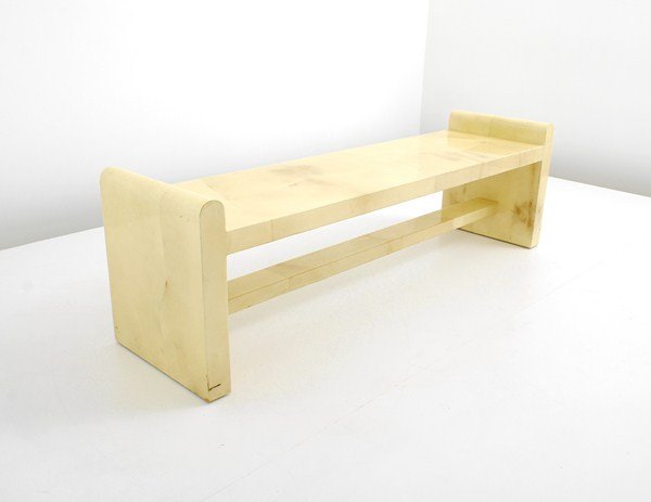 Goatskin Bench by Karl Springer: Designer & Manufacturer: Karl Springer, Attributed Markings: marked Country of Origin & Materials: USA; wood, goatskin Additional Information & Circa: Goatskin bench attributed to Karl Springer; c. 19