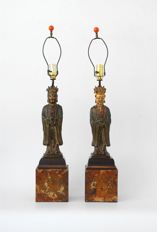 Pair of Bronze Lamps, James Mont: Designer & Manufacturer: James Mont, Manner of Markings: none Country of Origin & Materials: unknown; bronze, gilded wood Additional Information & Circa: Quality pair of lamps in the manner of James M