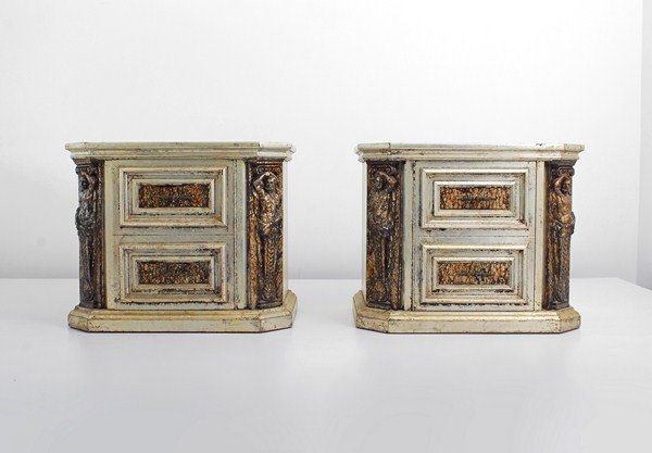 Pair of Phyllis Morris Cabinets: Designer & Manufacturer: Phyllis Morris Markings: marked Country of Origin & Materials: USA; wood, other Additional Information & Circa: Pair of cabinets by Phyllis Morris. Faux drawer door reveals a