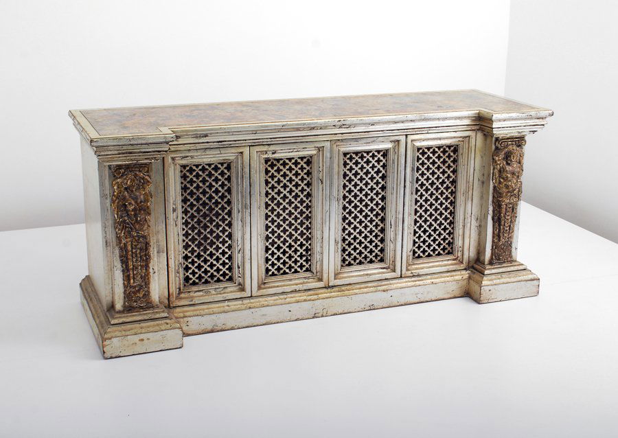 Cabinet by Phyllis Morris: Designer & Manufacturer: Phyllis Morris Markings: none Country of Origin & Materials: USA; wood, other Additional Information & Circa: Faux finish cabinet/server by Phyllis Morris. Two sets of doors e