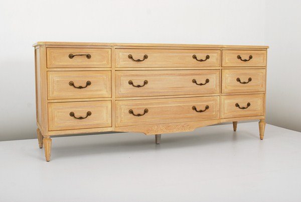 Dresser by Grosfeld House: Designer & Manufacturer: Grosfeld House Markings: marked Country of Origin & Materials: USA; whitewashed mahogany, metal Additional Information & Circa: Fine dresser by Grosfeld House. Nine drawers, b