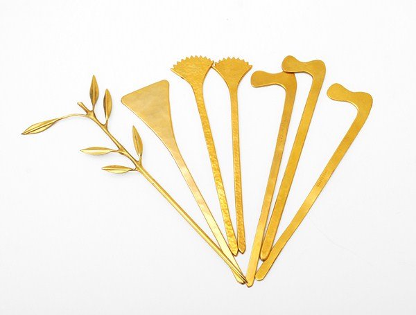 Vintage Set of 7 Hair Pins by Mary McFadden: Designer & Manufacturer: Mary McFadden Markings: some marked Country of Origin & Materials: USA; metal Additional Information & Circa: Vintage handcrafted set of 7 hair pins by fashion designer Mary M