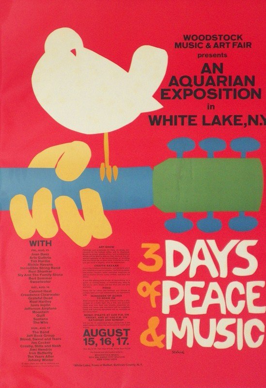 "Woodstock, 3 Days…" Poster, Arnold Skolnick: Designer & Manufacturer: Arnold Skolnick Markings: marked Country of Origin & Materials: American; poster Additional Information & Circa: "Woodstock, 3 Days Of Peace & Music" by American artist Arnold