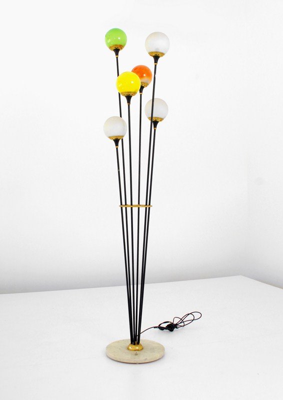 Stilnovo Floor Lamp: Designer & Manufacturer: Stilnovo Markings: none Country of Origin & Materials: Italy; metal, glass, marble Additional Information & Circa: Playful and colorful floor lamp with glass shades by Stilnov