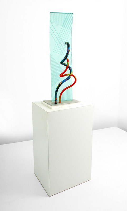 Post Modern Sculpture by Gene Lutz: Designer & Manufacturer: Gene Lutz Markings: signed; dated Country of Origin & Materials: USA; glass, wood, mica, marble, aluminum Additional Information & Circa: Post modern sculpture by Gene Lutz; 1