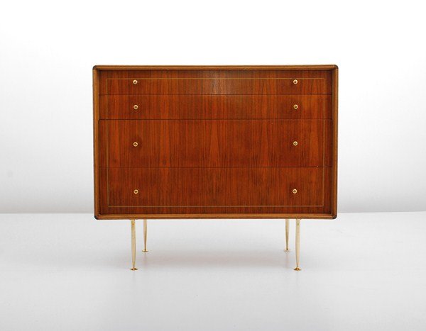 Erno Fabry Chest: Designer & Manufacturer: Erno Fabry; Fabry Associates Country of Origin & Materials: USA; walnut, brass Additional Information & Circa: Sophisticated chest with 4 drawers, decorative detailing, and br
