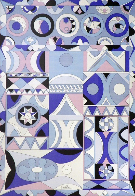 Framed Emilio Pucci Textile, Hand Signed: Designer & Manufacturer: Emilio Pucci Markings: signed Country of Origin & Materials: Italy; silk Additional Information & Circa: Large vintage textile by Emilio Pucci, hand signed. Colorful and graph