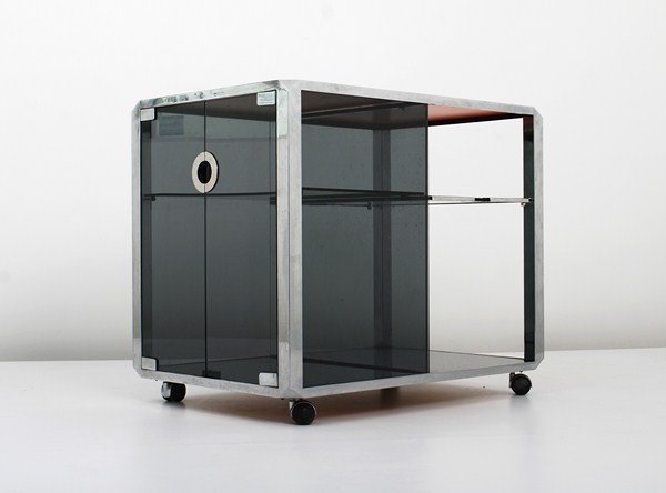 Rare Pierre Cardin Bar: Designer & Manufacturer: Pierre Cardin Markings: none Country of Origin & Materials: France; metal, smoked glass Additional Information & Circa: Rare rolling bar with removable tray and 2 doors reveal