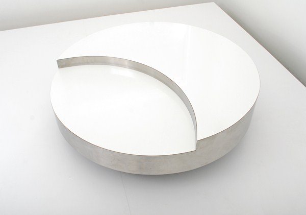 Willy Rizzo Revolving Cocktail Table: Designer & Manufacturer: Willy Rizzo Markings: marked Country of Origin & Materials: France; mica, brushed aluminum Additional Information & Circa: Two-tiered revolving cocktail table by Willy Rizzo; 