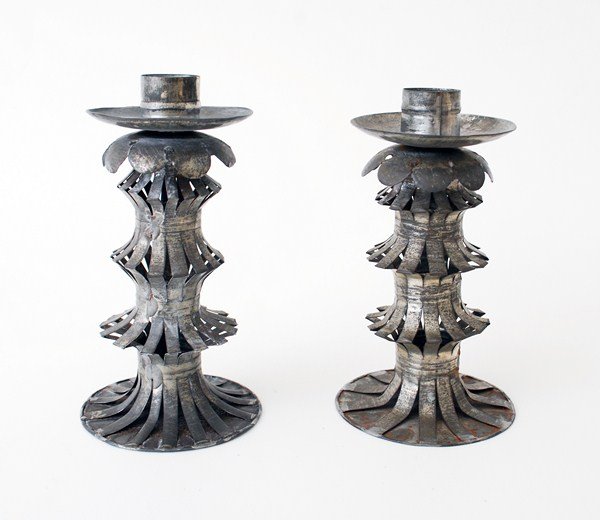 William Spratling Tin Candlesticks: Designer & Manufacturer: William Spratling Markings: marked Country of Origin & Materials: Mexico; tin Additional Information & Circa: Pair of candlesticks by William Spratling; c. 1940 (Key Word Sear