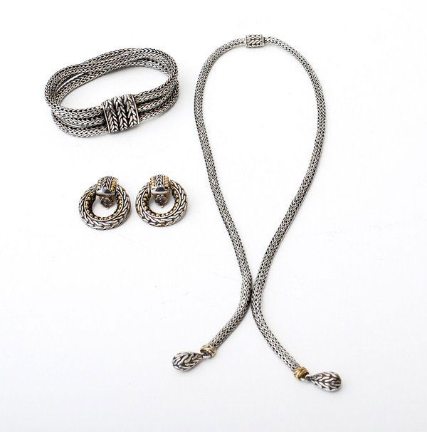 18K Necklace, Earrings, & Bracelet by John Hardy: Designer & Manufacturer: John Hardy Markings: marked Country of Origin & Materials: sterling silver, 18K gold Additional Information & Circa: 18K gold and sterling silver necklace, earrings and bracel