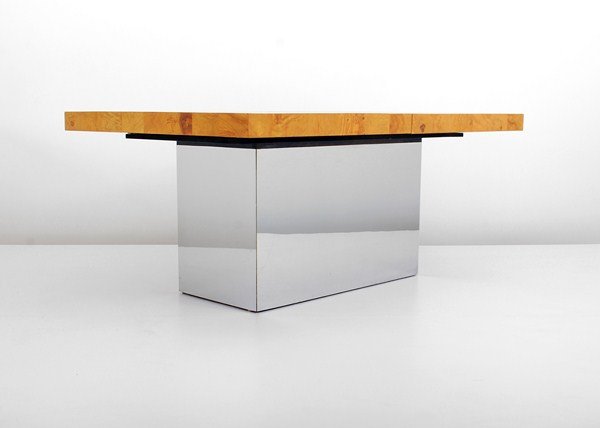Dining Table by Milo Baughman: Designer & Manufacturer: Milo Baughman; Thayer Coggin Markings: none Country of Origin & Materials: USA; chrome, burl maple Additional Information & Circa: Burl maple dining table with 2 leaves by Mil