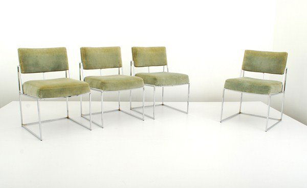 Set of 4 Chairs by Milo Baughman: Designer & Manufacturer: Milo Baughman; Thayer Coggin Markings: none Country of Origin & Materials: USA; chrome, upholstery Additional Information & Circa: Set of 4 dining/side chairs by Milo Baughman