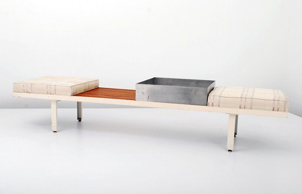 George Nelson Bench: Designer & Manufacturer: George Nelson; Herman Miller Markings: none Country of Origin & Materials: USA; metal, wood, upholstery Additional Information & Circa: Bench with planter, 2 upholstered seats