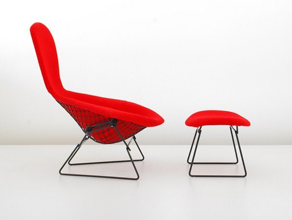 Harry Bertoia Bird Chair & Ottoman: Designer & Manufacturer: Harry Bertoia; Knoll Markings: none Country of Origin & Materials: USA; metal, upholstery Additional Information & Circa: "Bird" lounge chair and ottoman by Harry Bertoia for
