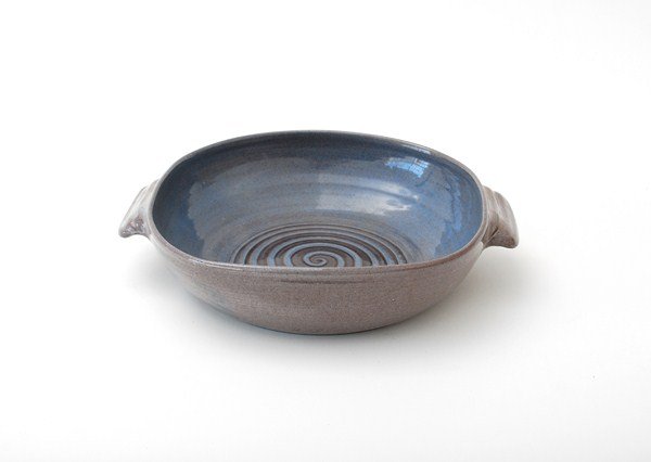 Spiral Art Pottery Bowl by Scheier: Designer & Manufacturer: Edwin & Mary Scheier Markings: signed Country of Origin & Materials: USA; pottery Additional Information & Circa: Spiral art pottery low bowl with handles by Edwin and Mary Sc