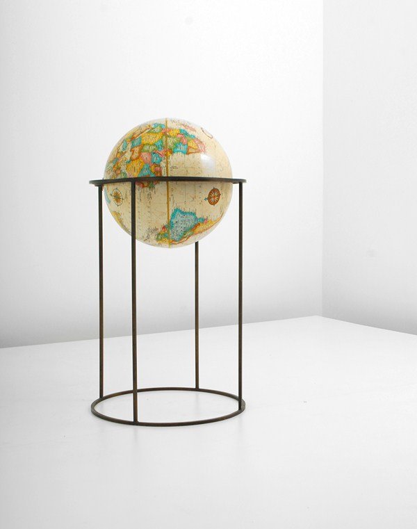 Paul McCobb Rotating World Globe: Designer & Manufacturer: Paul McCobb, Attributed Markings: none Country of Origin & Materials: USA; wood, metal, paper Additional Information & Circa: Rotating Replogle world globe on stand attributed