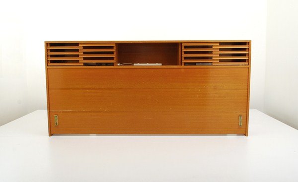 King Headboard by Paul Laszlo: Designer & Manufacturer: Paul Laszlo; Brown Saltman Markings: marked Country of Origin & Materials: USA; walnut Additional Information & Circa: King headboard with storage areas by Paul Laszlo for Bro