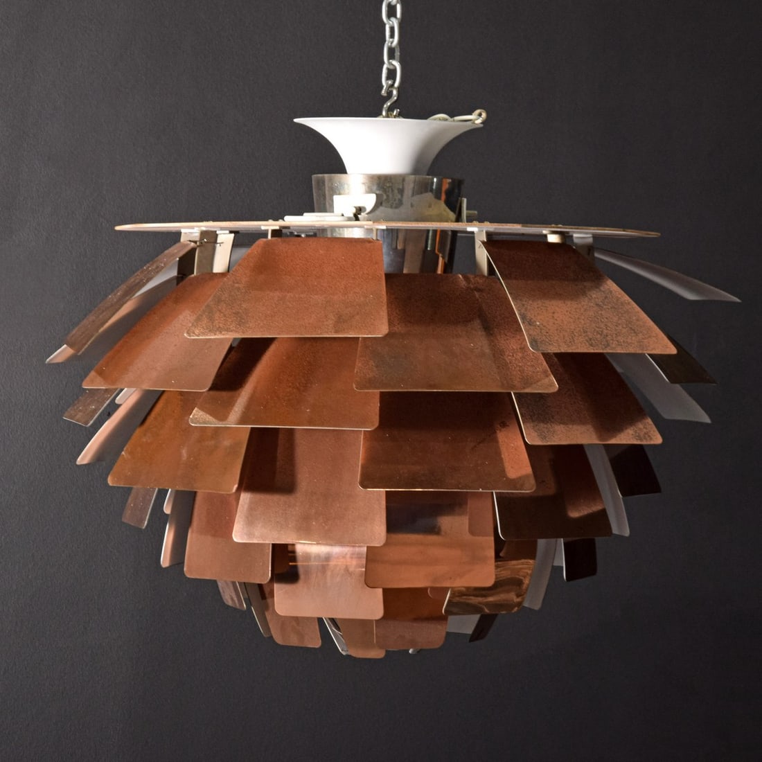 Poul Henningsen ARTICHOKE Chandelier: Artist/Designer; Manufacturer: Poul Henningsen (Danish, 1894-1967); Louis Poulsen (Denmark) Marking(s); notes: no marking(s) apparent Materials: copper, chromed metal Dimensions (H, W, D): 24"h, 36"di
