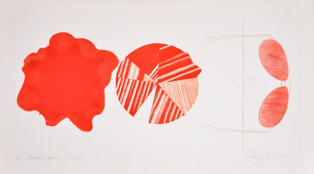 James Rosenquist FEDERAL SPENDING (2ND STATE) Etching: Artist/Designer; Manufacturer: James Rosenquist (American, 1933-2017) Marking(s); notes: signed; ed. 64/78; 1978 Materials: etching with aquatint Dimensions (H, W, D): 22.75"h, 39.75"w; 27.5"h, 44.75"