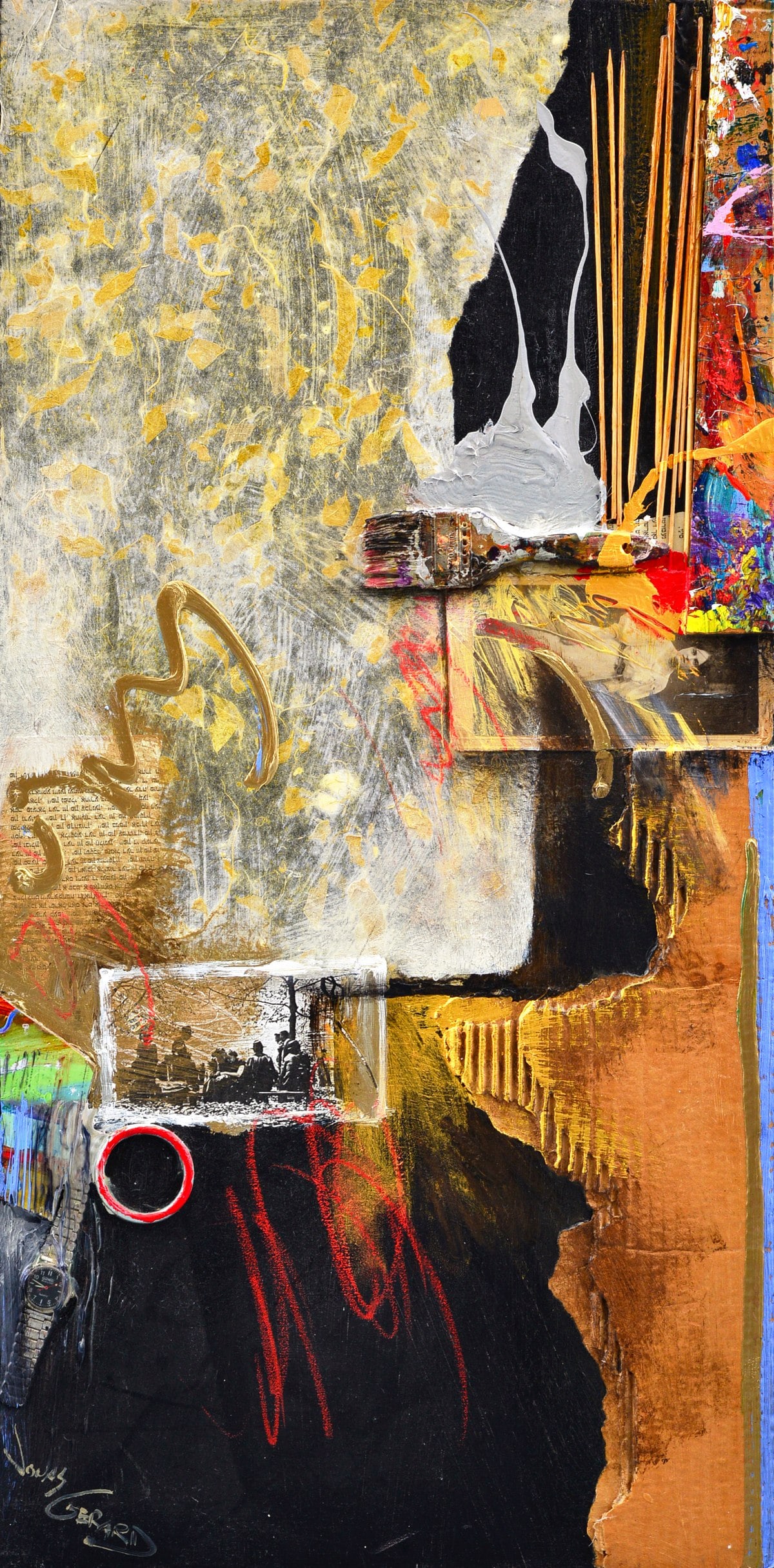 Jonas Gerard Mixed Media Painting: Artist/Designer; Manufacturer: Jonas Gerard (Moroccan/American, 1941-2020) Marking(s); notes: signed; 2008 Materials: mixed media (painted wood, cardboard, paper, paintbrush, wristwatch, etc.) Dimensi