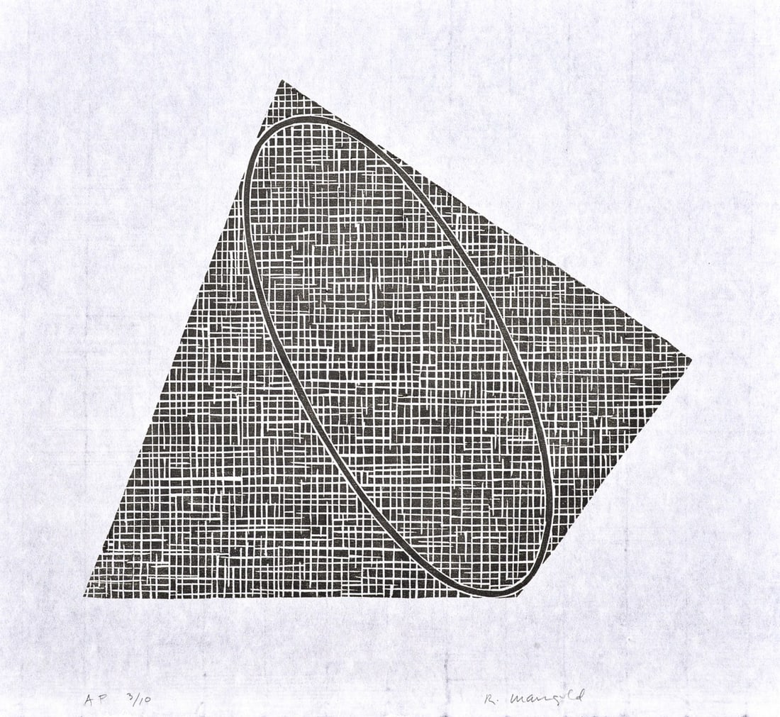 Robert Mangold Abstract Woodcut Print: Artist/Designer; Manufacturer: Robert Mangold (American, b. 1937) Marking(s); notes: signed; AP 3/10 for the edition of 35; 1989-1990 Materials: woodcut on mulberry paper Dimensions (H, W, D): 17"h, 1