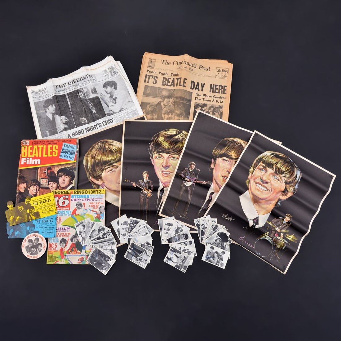 Assorted The Beatles Ephemera: Artist/Designer; Manufacturer: Nicholas Volpe (American, 1911-1992); T.C.G./Topps (USA), Scripps-Howard (USA), 16 Magazine, Inc. (USA), George Newnes Ltd. (England), The Observer (England) Marking(s);