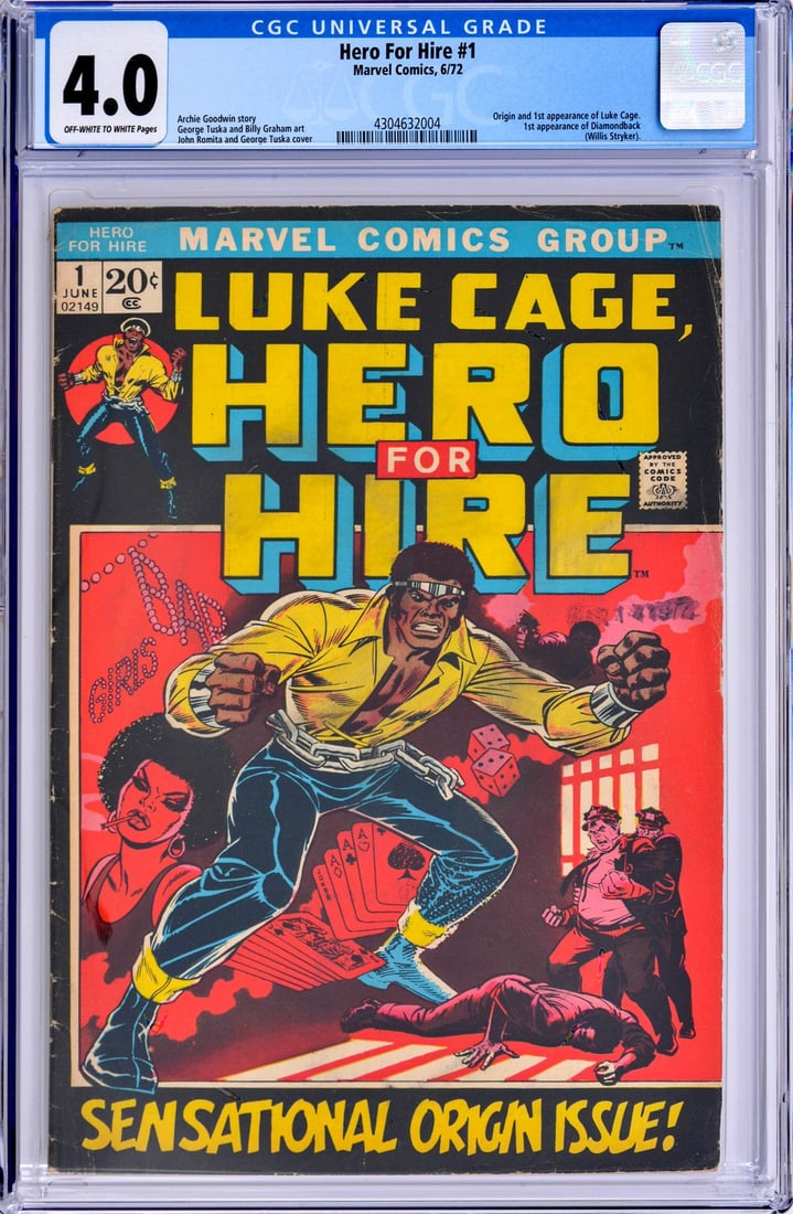 LUKE CAGE, HERO FOR HIRE #1, CGC 4.0: Artist/Designer; Manufacturer: Archie Goodwin, Skip Kohloff, Stan Lee, John Romita, Roy Thomas, George Tuska; Marvel Comics (USA) Marking(s); notes: no signatures/marking(s); Jun. 10, 1972 Materials: 